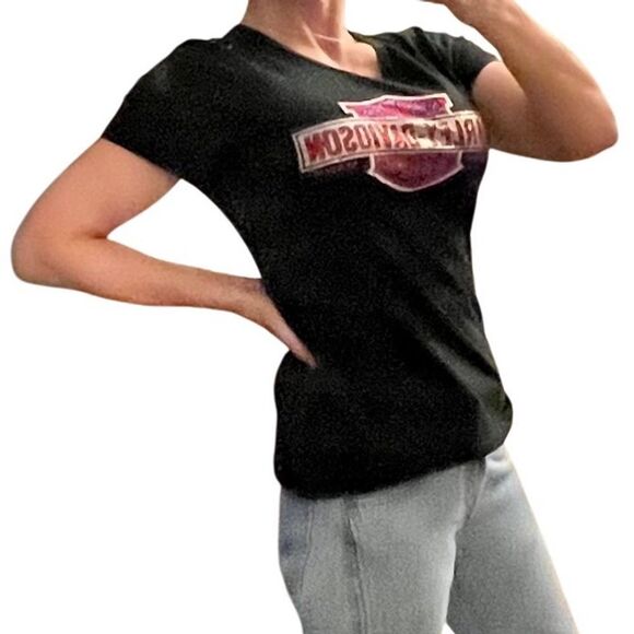 Y2K Harley Davidson Logo Biker Sparkly Red Blue Casual Black Cap Sleeve Top XL - Picture 5 of 16